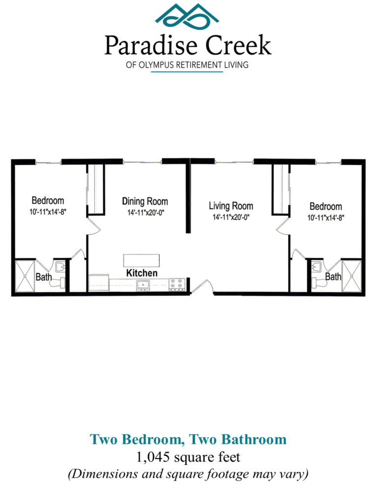 Floor plan of towers 4 independent living at Paradise Creek Towers. Two bedrooms, two bathrooms, kitchen, living room, dining room. 1045 square feet.