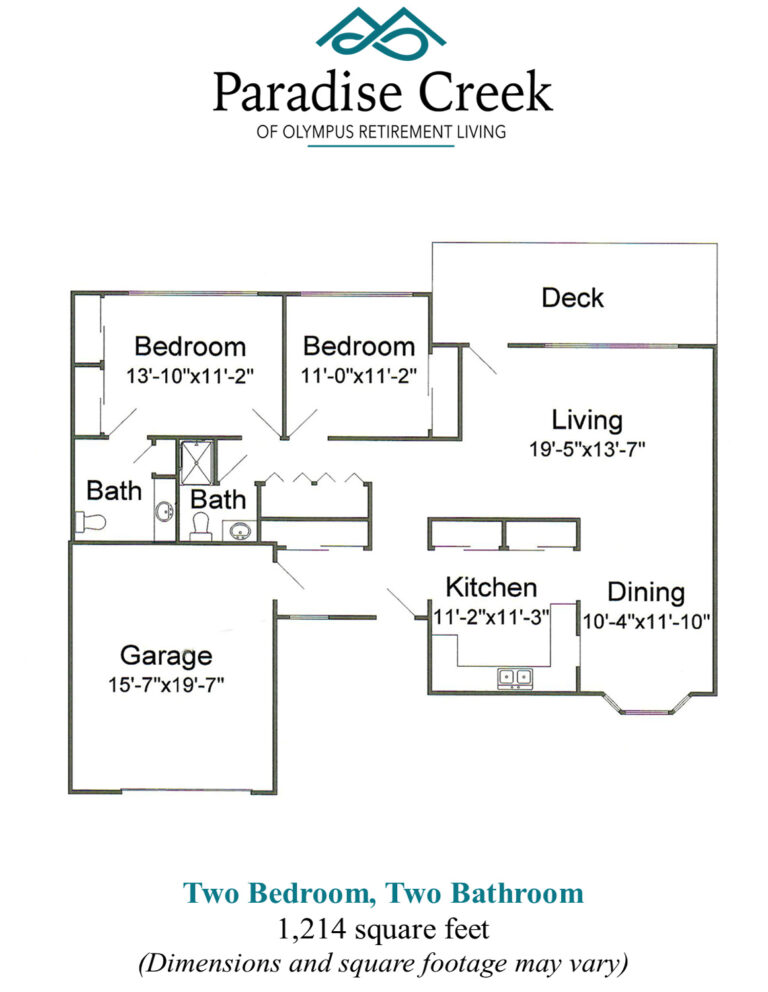 Floor plan of twinhome 2 independent living at Paradise Creek. Two bedrooms, two bathrooms, kitchen, living room, dining room, deck, garage. 1214 square feet.