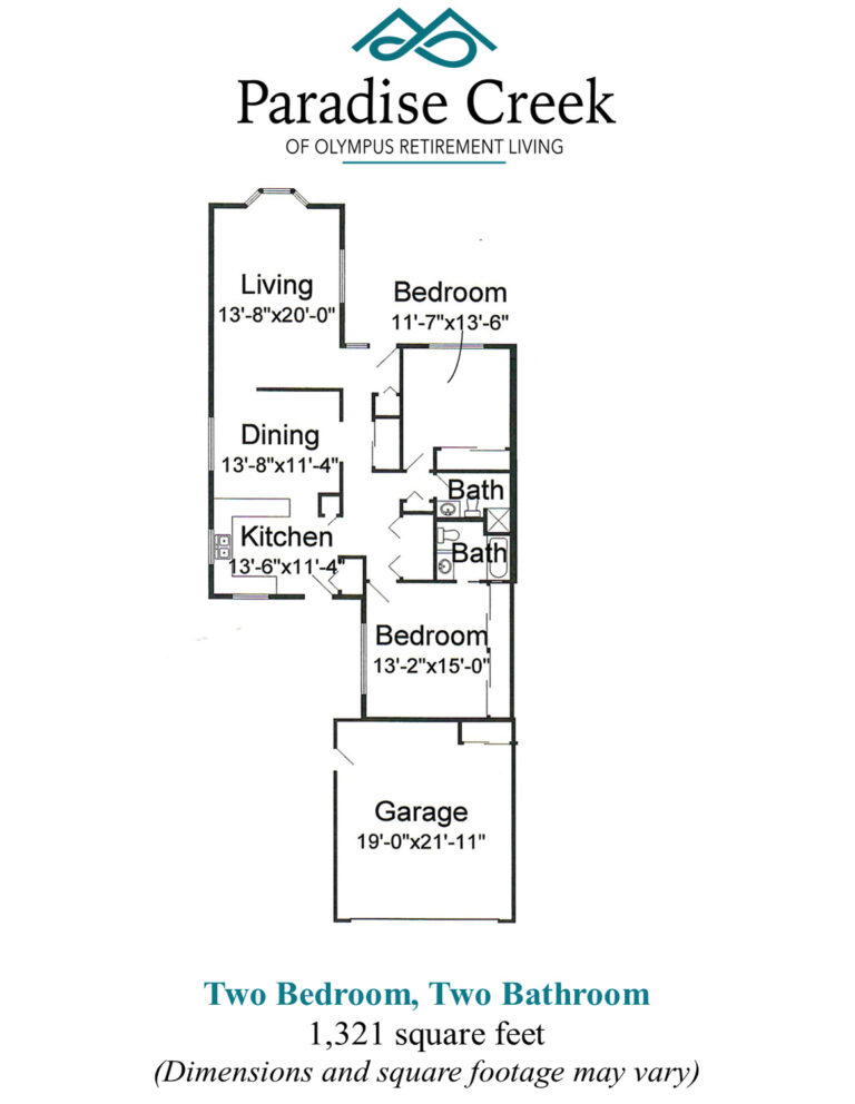 Floor plan of twinhome 3 independent living at Paradise Creek. Two bedrooms, two bathrooms, kitchen, living room, dining room, garage. 1321 square feet.