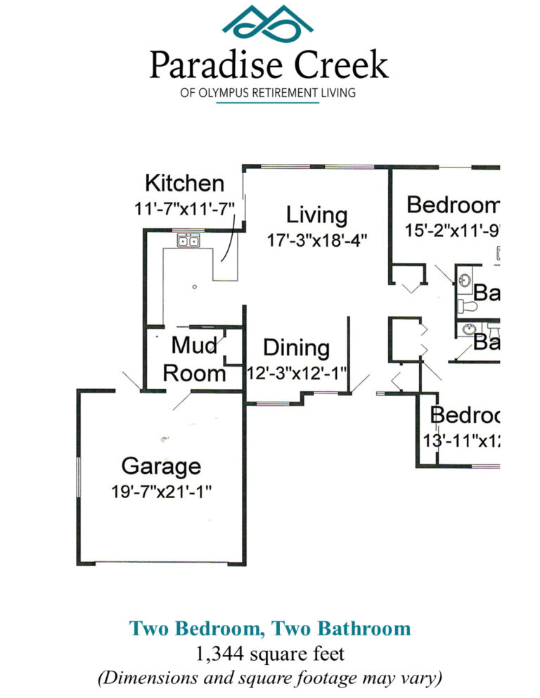 Floor plan of twinhome 4 independent living at Paradise Creek. Two bedrooms, two bathrooms, kitchen, living room, dining room, mud room, garage. 1344 square feet.