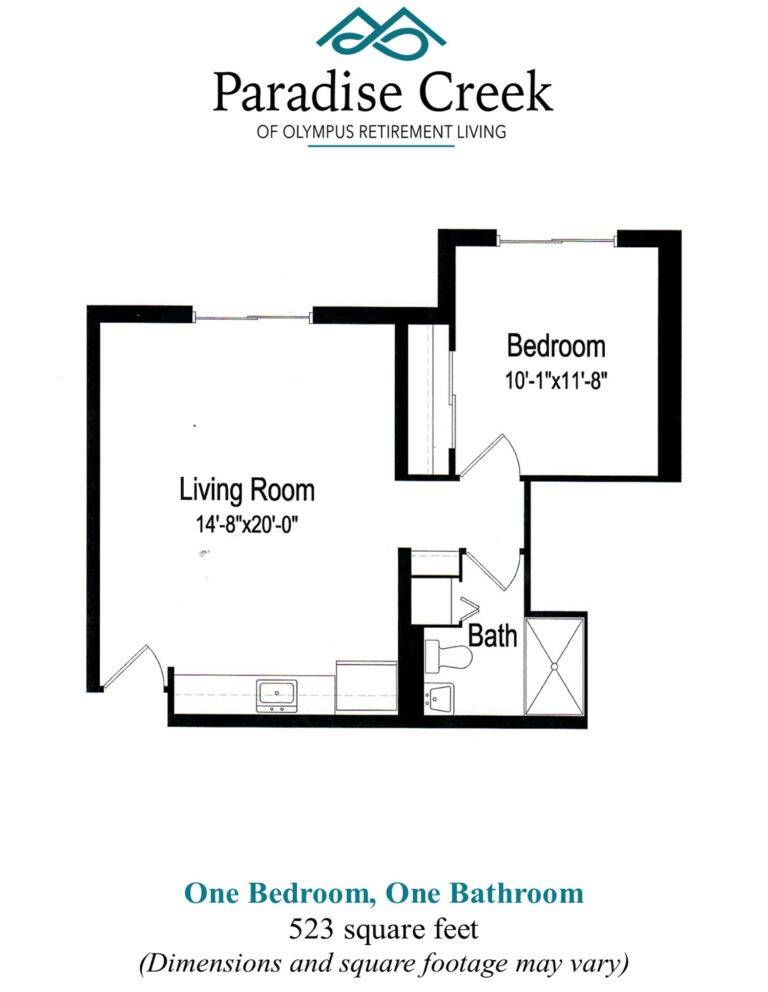 Floor plan assisted living at Paradise Creek. One bedroom, one bathroom, living room. 523 square feet.