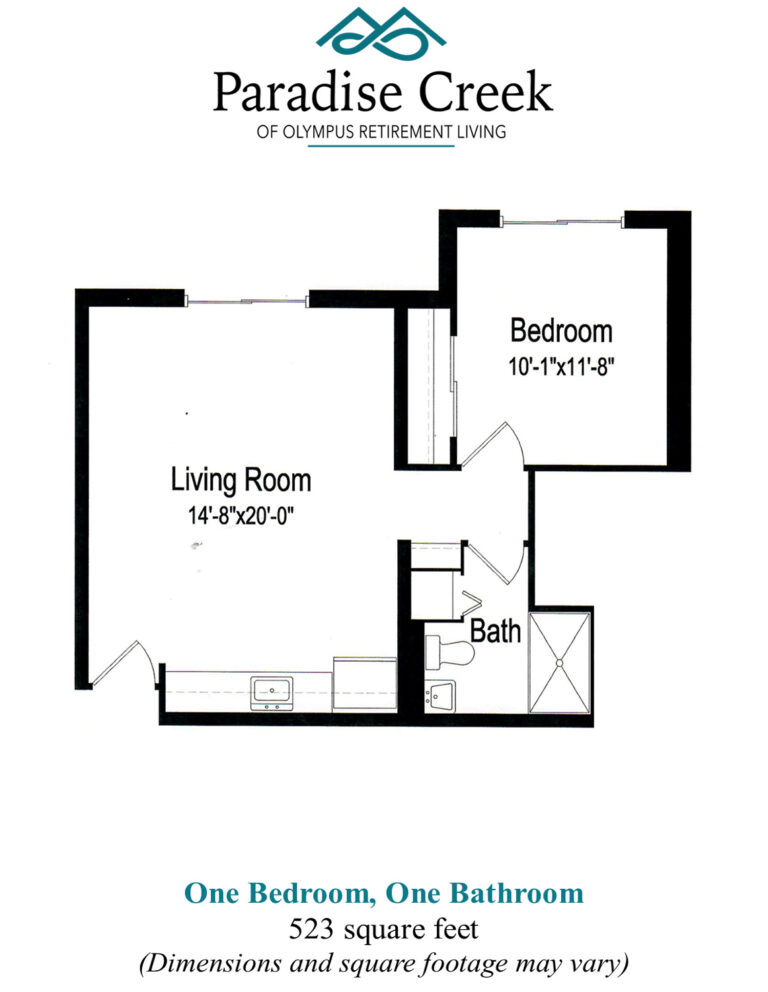 Floor plan of towers 2 independent living at Paradise Creek Towers. One bedroom, one bathroom, living room. 523 square feet.