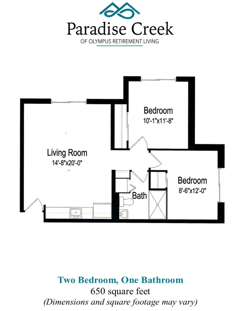 Floor plan assisted living at Paradise Creek. Two bedrooms, one bathroom, living room. 650 square feet.