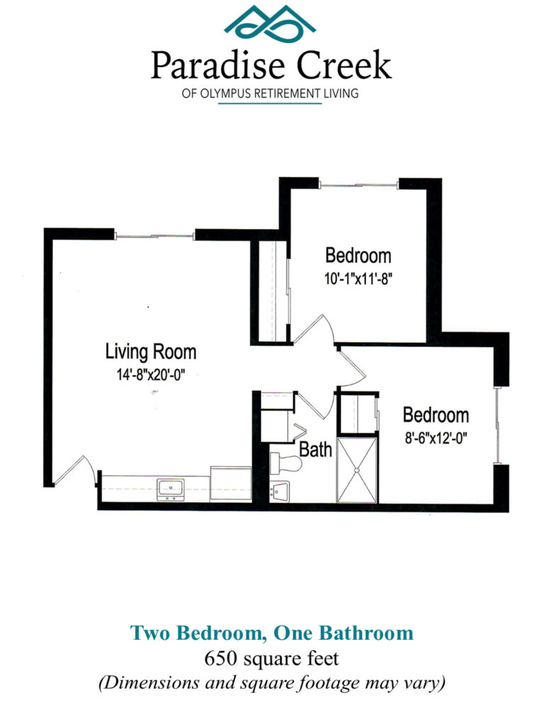 Floor plan of towers 3 independent living at Paradise Creek Towers. Two bedrooms, one bathroom, living room. 650 square feet.