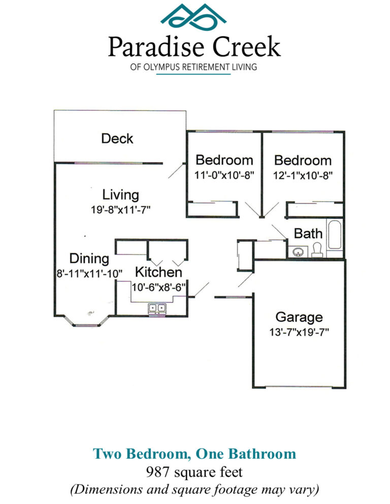 Floor plan of twinhome 1 independent living at Paradise Creek. Two bedrooms, one bathroom, kitchen, living room, dining room, deck, garage. 987 square feet.